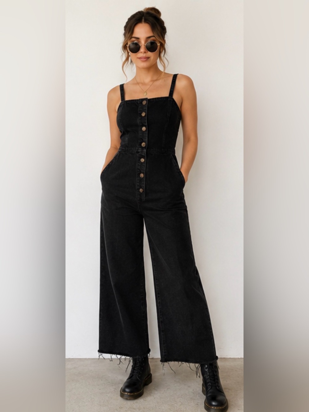 Topshop MOTO Black Denim Button Front Wide Leg Jumpsuit US 6